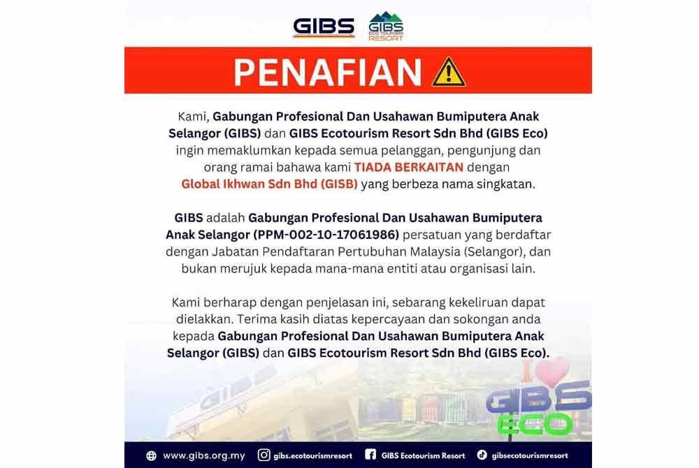 GIBS menegaskan tidak mempunyai sebarang kaitan dengan GISBH yang sedang disiasat polis berkaitan dakwaan eksploitasi kanak-kanak.