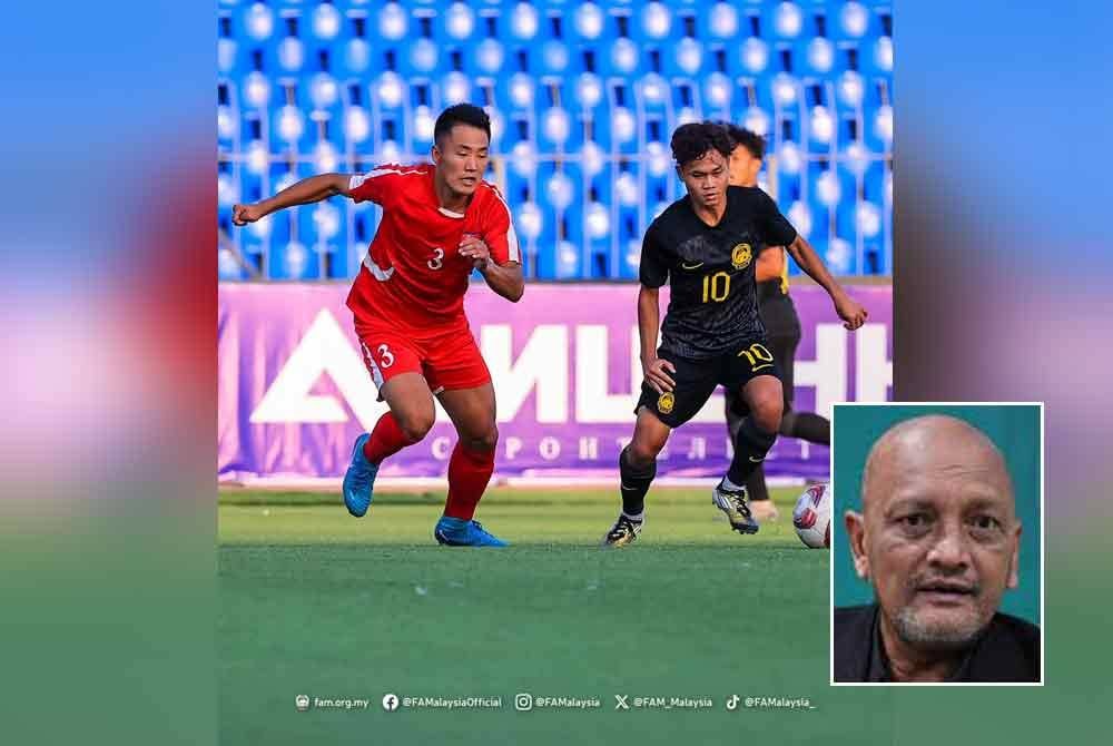 Tonggak Harimau Muda B-19, Haykal Danish Haizon (kanan) ketika cuba melepasi pertahanan Korea Utara, Han Jae Yong di Stadium Republican Central, Dushanbe, Tajikistan pada Isnin. Foto Football Association of Malaysia, gambar kecil: Pekan Ramli