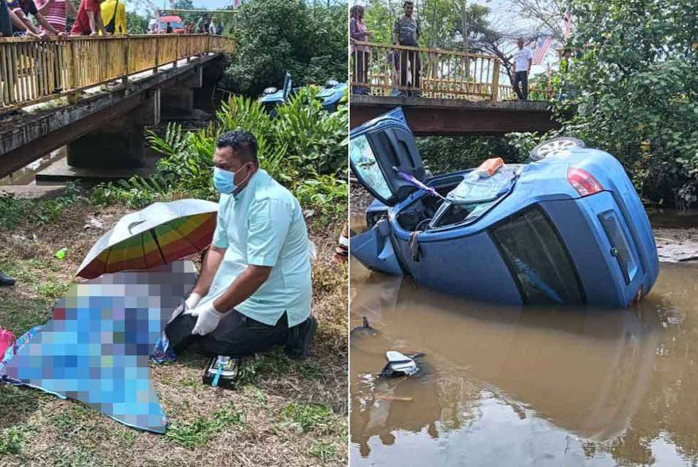 Pasangan suami isteri warga emas maut dalam kejadian itu. Gambar kanan: Keadaan kereta dinaiki pasangan suami isteri itu yang terjunam dalam sungai di jambatan Balok Makmur di sini, pada Rabu. Foto Jabatan Bomba dan Penyelamat Pahang