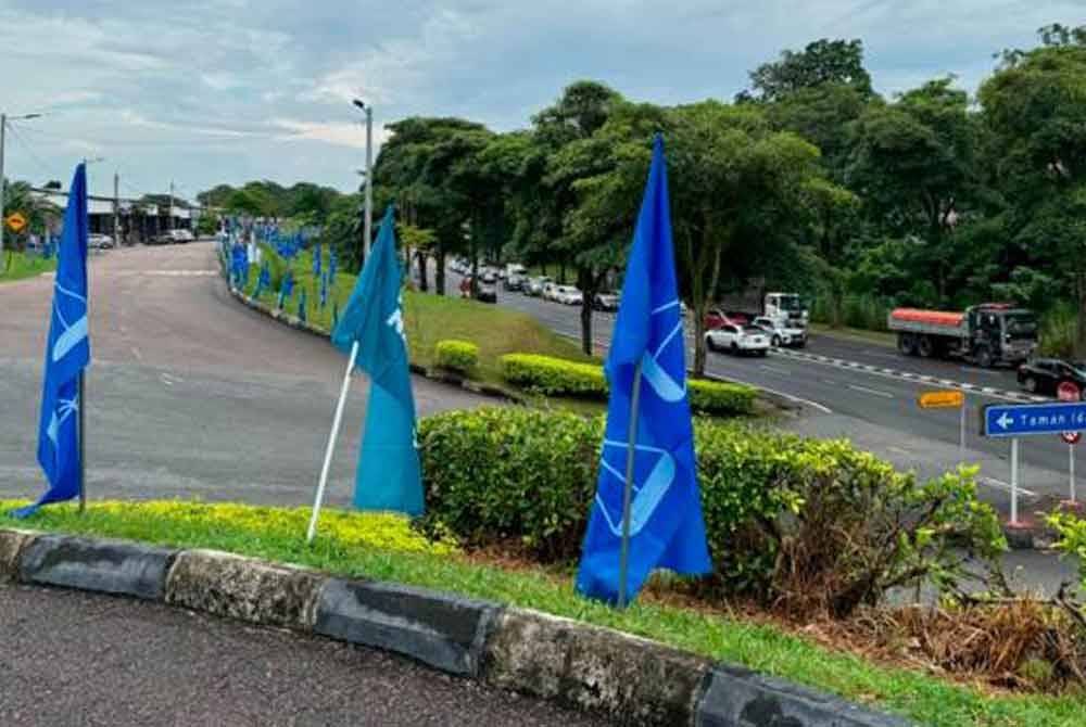 Bendera Barisan Nasional dan Perikatan Nasional di kawasan perumahan Taman Idaman, sebelah jalan utama menghala ke bandar Kluang. Poster dan bendera hanya kelihatan di kawasan perumahan. Foto G Manimaran