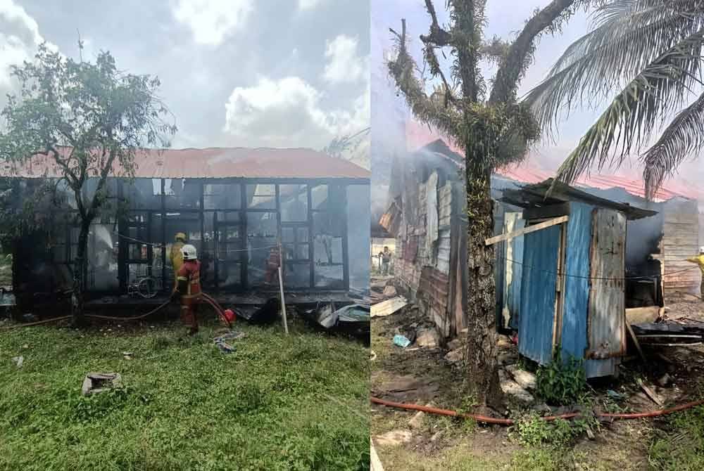 Bomba sedang menjalankan operasi pemadaman api di rumah mangsa.