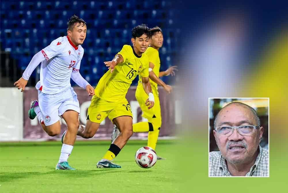 Muhammad Aiman Hakimi berusaha mengekang kemaraan pemain Tajikisatan, Daliev Azizbek dalam aksi Kumpulan E Kelayakan Piala Asia B-20 2025 di Stadium Republican Central, Dushanbe pada Jumaat. Foto FAM (Gambar kecil: Jamal Nasir)