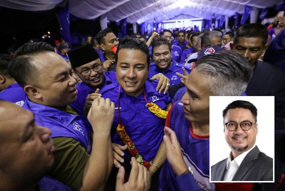 Calon BN, Syed Hussien Syed Abdullah bersama para penyokong meraikan kejayaan setelah menang dalam PRK DUN Mahkota di Command Centre BN, pada Sabtu. Foto Bernama (Gambar kecil: Hisommudin)