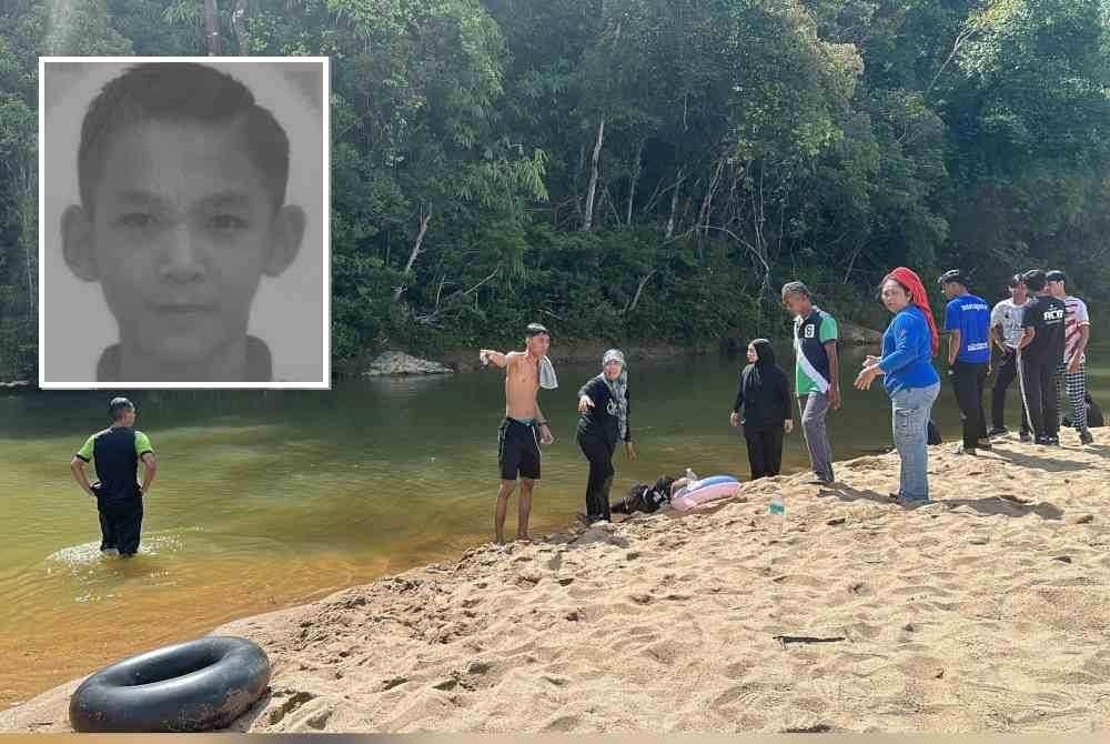 Seorang pelajar kolej lemas ketika cuba menyelamat dua rakan perempuan yang dihanyutkan arus di Sungai Pasir Puteri. Gambar kecil: Muhammad Amirul Fahmie