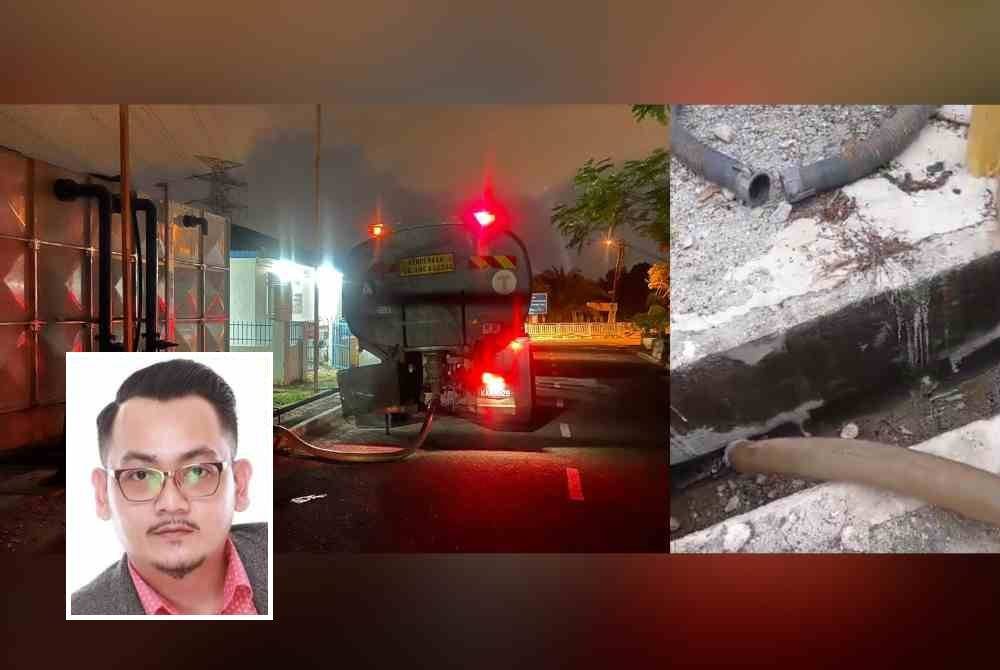 Penduduk memohon PBAPP menghantar bekalan air lebih kerap untuk kegunaan penduduk yang terjejas. Hos sambungan yang dibiarkan di dalam longkang. Gambar kecil: Khairul Ahmad