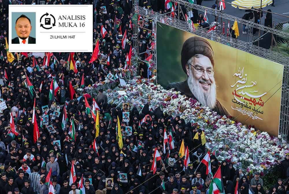 Rakyat Iran memberi penghormatan akhir ketika berhimpun di hadapan potret gergasi Nasrallah di Dataran Palestin pada Isnin.