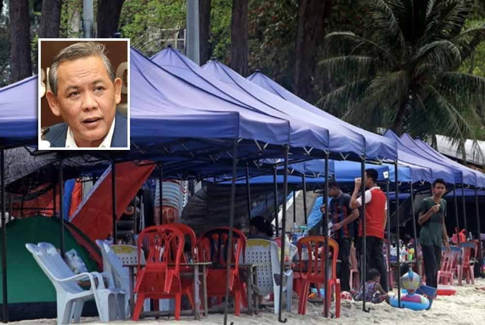 Deretan khemah biru di kawasan Pantai Telok Kemang menimbulkan rungutan dalam kalangan pengunjung. Gambar kecil: Aminuddin