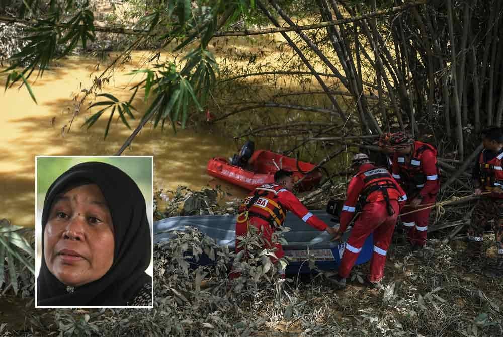 Operasi pencarian pesara pegawai kewangan Felcra Sabari Baharom, 62, yang dicampak ke dalam Sungai Padang Terap dekat sini telah ditamatkan. (Gambar kecil: Subhiah Roslina) Foto Bernama