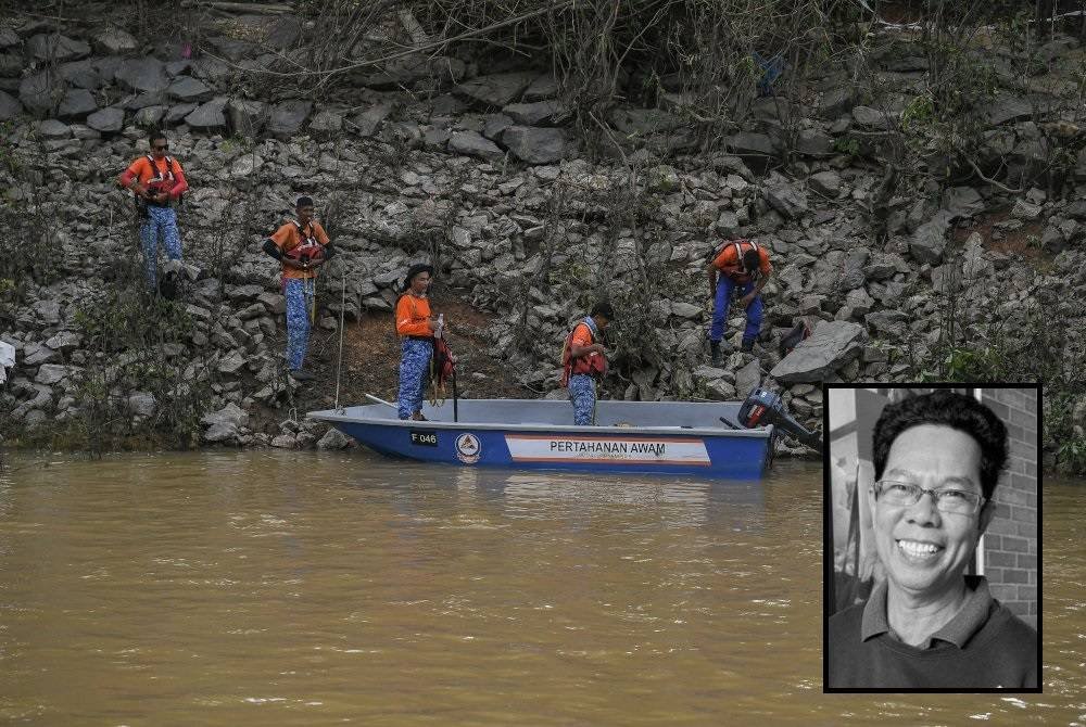 APM turut membantu dalam operasi pencarian Sabari di Sungai Padang Terap. Gambar kecil: Sabari