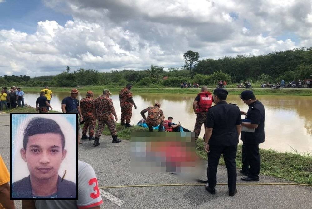 Muhammad Noor Fadzli (gambar kecil) ditemukan lemas selepas kereta dipandu terbabas ke dalam Sungai Santap dekat Kampung Baru Telaga Mas, di sini, pada pagi Khamis. Foto ihsan bomba (Gambar kecil: Muhammad Noor Fadzli)