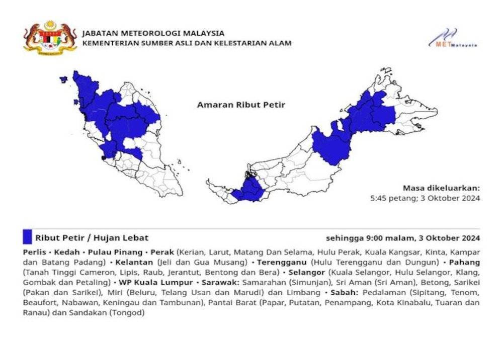 MetMalaysia keluarkan amaran ribut, hujan lebat dan angin kencang di 11 negeri sehingga jam 9 malam ini.