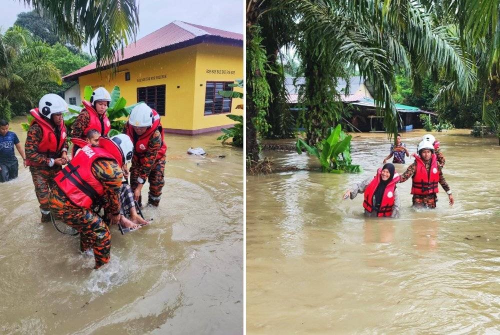 Anggota bomba membuat penyelamatan mengeluarkan mangsa ke kawasan selamat. Foto JBPM Perak