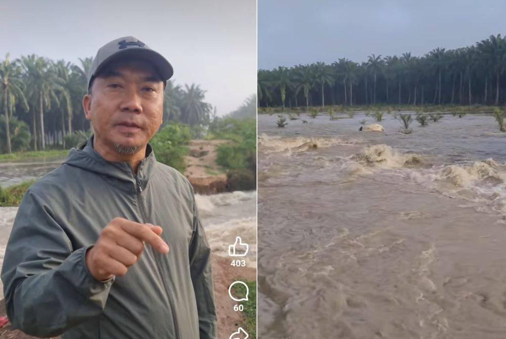 Jefri membuat hantaran video di &#039;reels&#039; Facebook mengenai kejadian ban Lembangan Sungai Buloh, Ijok yang pecah pada Jumaat. Gambar kanan: Keadaan ban pecah mengakibatkan air berwarna hitam membawa kotoran sampah melimpah ke kebun penduduk di Ijok.