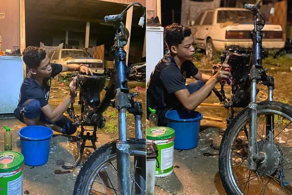 Muhammad Syukur membaiki motosikal di bengkelnya yang dibuka di Kampung Banggol Katong, Serada.