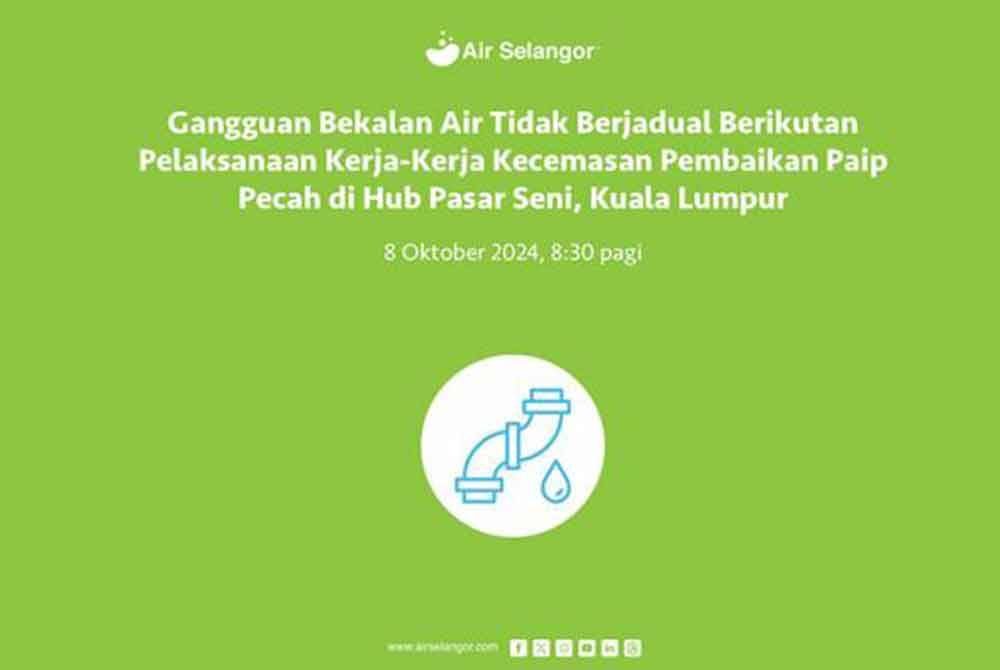 Pengguna boleh mendapatkan maklumat berhubung gangguan bekalan air ini daripada semasa ke semasa menerusi saluran komunikasi rasmi Air Selangor.