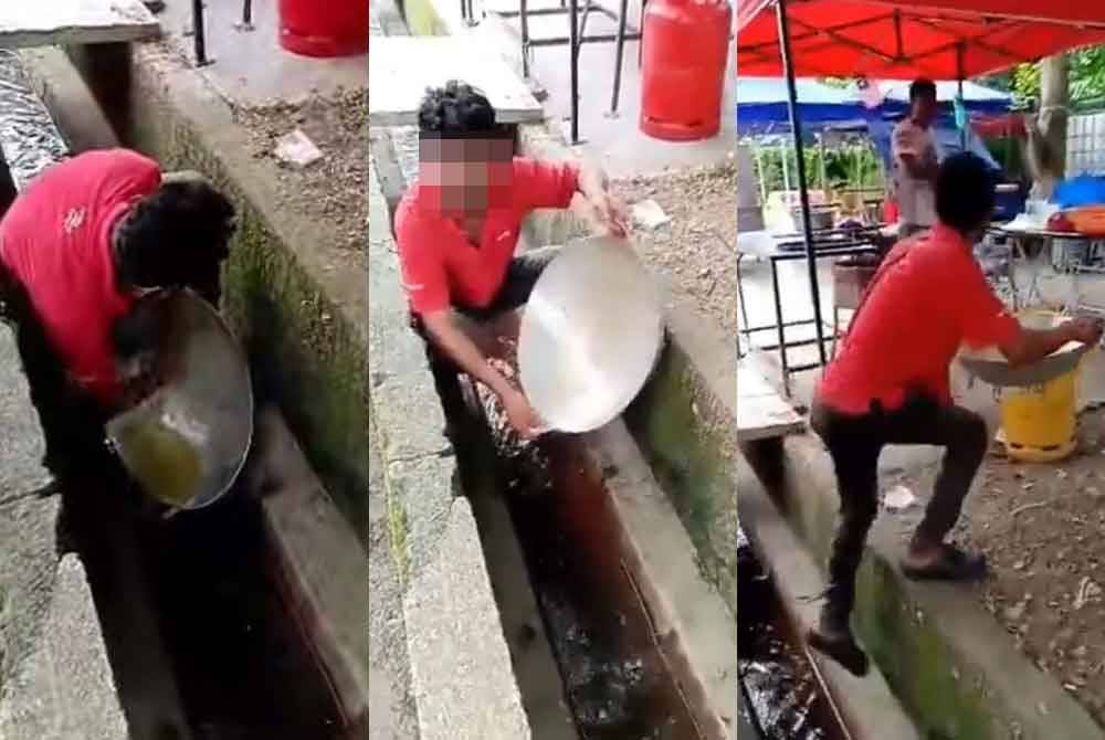 Tangkap layar video tular peniaga roti canai didakwa membasuh kuali menggunakan air longkang.