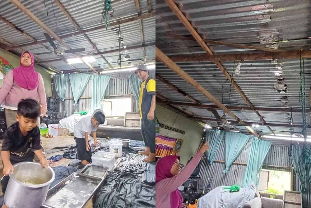 Farah Umiah dan suaminya, Mohd Suhairi bersama anak melihat keadaan rumah dibanjiri air hujan dan besen turut diletakkan di ruang rumahnya itu.