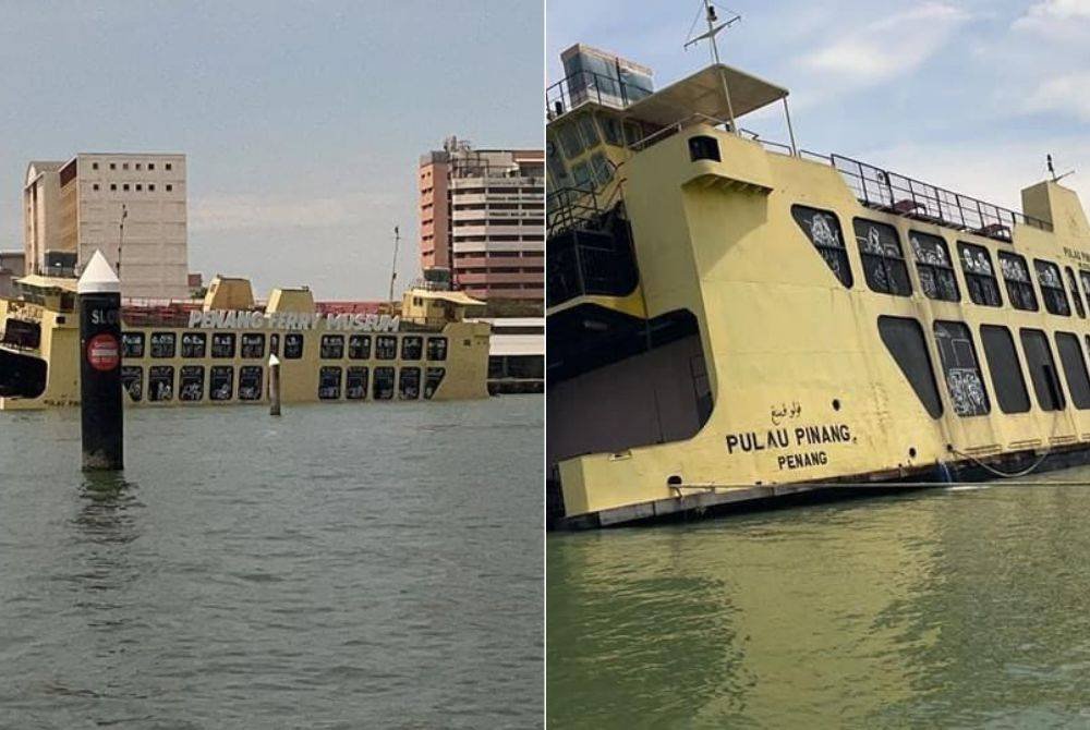 Feri tersebut baharu ditunda dari Bagan Dalam Slipway ke Swettenham Pier Cruise Terminal (SPCT) pada tengah hari Khamis lalu. Gambar kanan: Feri Pulau Pinang yang sedang diubahsuai untuk dijadikan Muzium Feri Pulau Pinang kelihatan senget dan hampir tenggelam. - Foto: Pembaca Sinar Harian