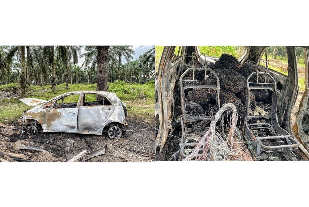 Kereta Proton Iriz dinaiki pasangan suami isteri yang terbakar di Kampung Bukit Kepok Merlimau pada Khamis lalu.