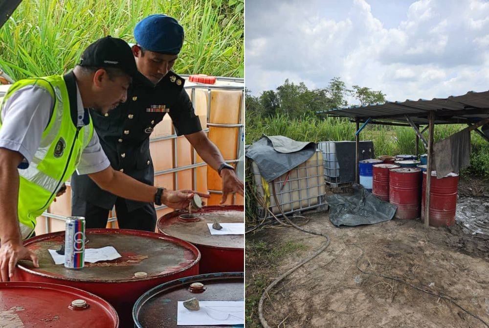 Muhammad Nizam (kiri) memeriksa tong yang terdapat dalam bangsal di kawasan kebun pisang Kampung Kepala Kerbau, Changlun pada Selasa. Foto: KPDN Kedah