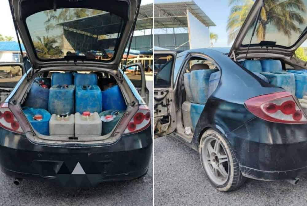 Tong-tong berisi petrol dimuatkan ke dalam kereta untuk dibawa ke pangkalan haram. Foto ihsan KPDN.