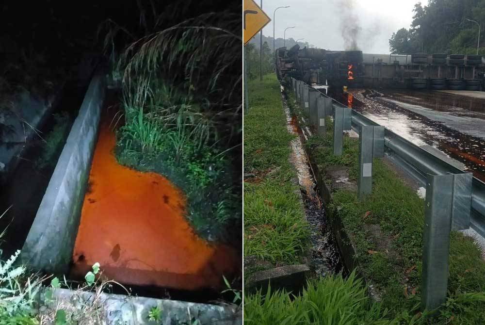 Tumpahan minyak memasuki longkang berhampiran lebuh raya.