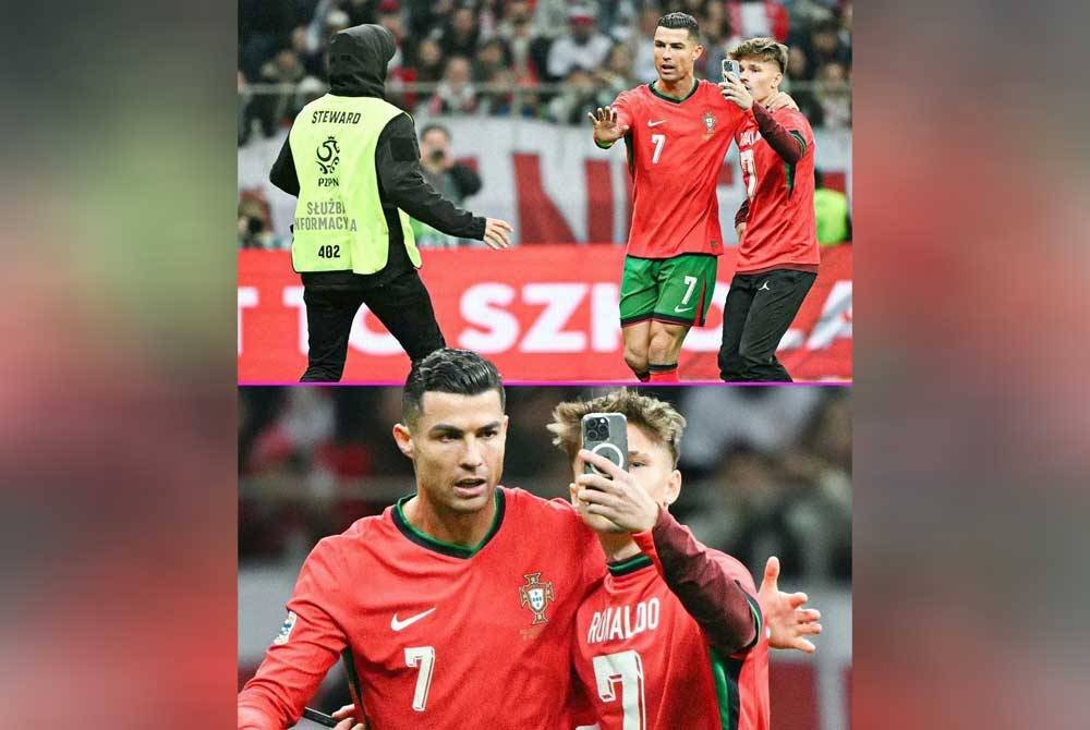 Ronaldo meminta petugas keselamatan tidak menahan seorang peminat yang menceroboh padang kerana mahu berswafoto ketika bintang Portugal itu dikeluarkan pada minit ke-64. Foto: Agensi