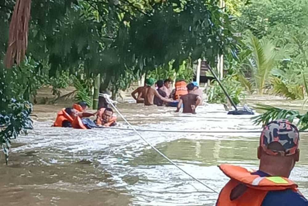 Anggota bomba menyelamatkan mangsa yang terperangkap atas pokok di Baling akibat arus deras. Foto JBPM