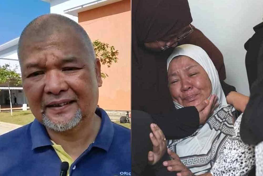 Foto kanan: Ibu arwah, Norma Mohamed Nor, 52, sebak ketika menunggu jenazah anaknya di Unit Forensik Hospital Dungun pada Khamis.