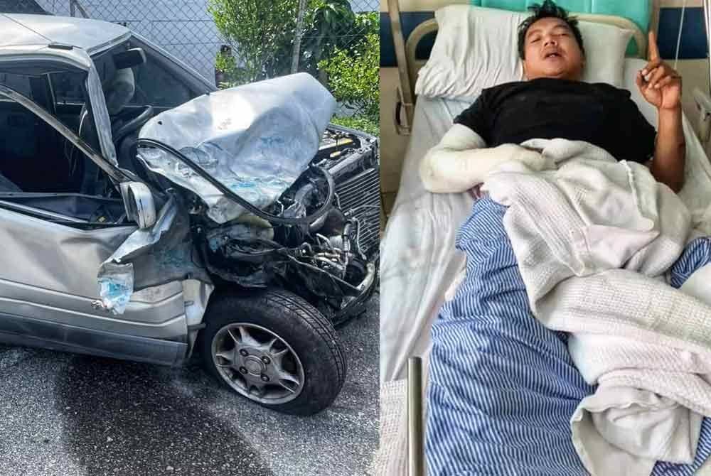 Keadaan kereta Perodua Kancil milik pasangan itu yang remuk akibat kemalangan tersebut. Foto FB Sharifah Shahora