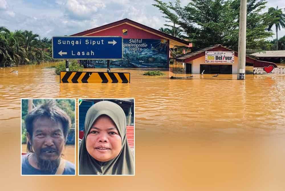 Keadaan SK Lintang yang turut ditenggelami air akibat banjir yang melanda Sungai Siput. Gambar kecil dari kiri: Jasni, Khadijah Azna