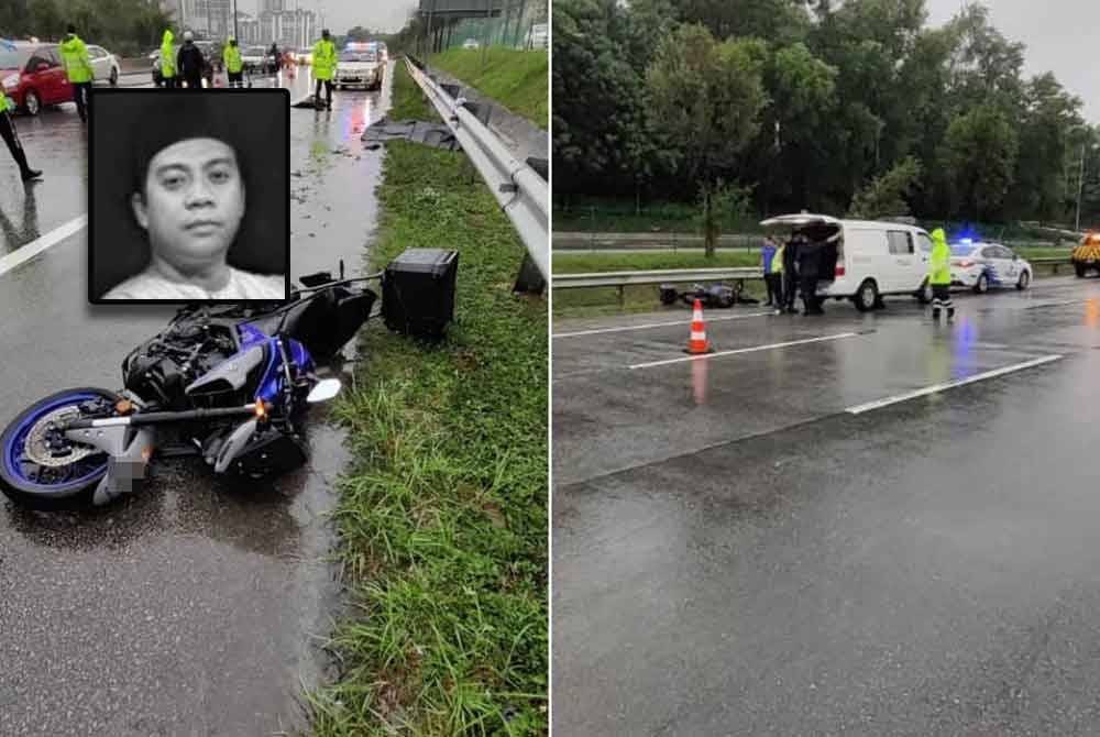 Anggota polis mengawal keadaan semasa kejadian kemalangan membabitkan petugas Astro Awani, Allahyarham Ahmad Hafiz Azhar (Gambar kecil) di Kilometer 8.5, Lebuhraya Maju Ekspres (MEX) pada Isnin. Foto PDRM.