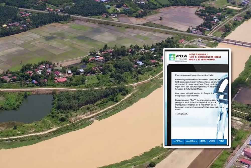 PBAPP sedang memantau dengan teliti kadar kekeruhan air mentah di muka sauk Lahar Tiang berikutan hujan lebat dan banjir di beberapa kawasan di hulu Sungai Muda. - Foto: FB PBAPP