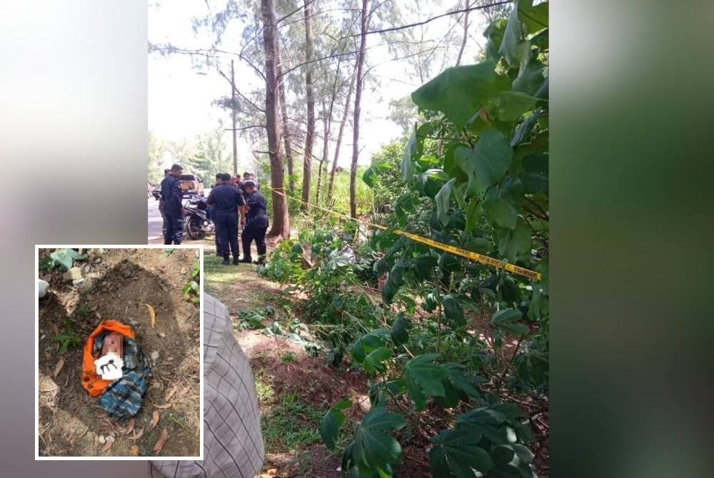 Seorang bayi lelaki ditemukan di dalam parit kering berhampiran pantai Paka, Dungun hari ini. Gambar kecil: Bayi lelaki berkenaan ditemui tidak berpakaian. Foto tular media sosial