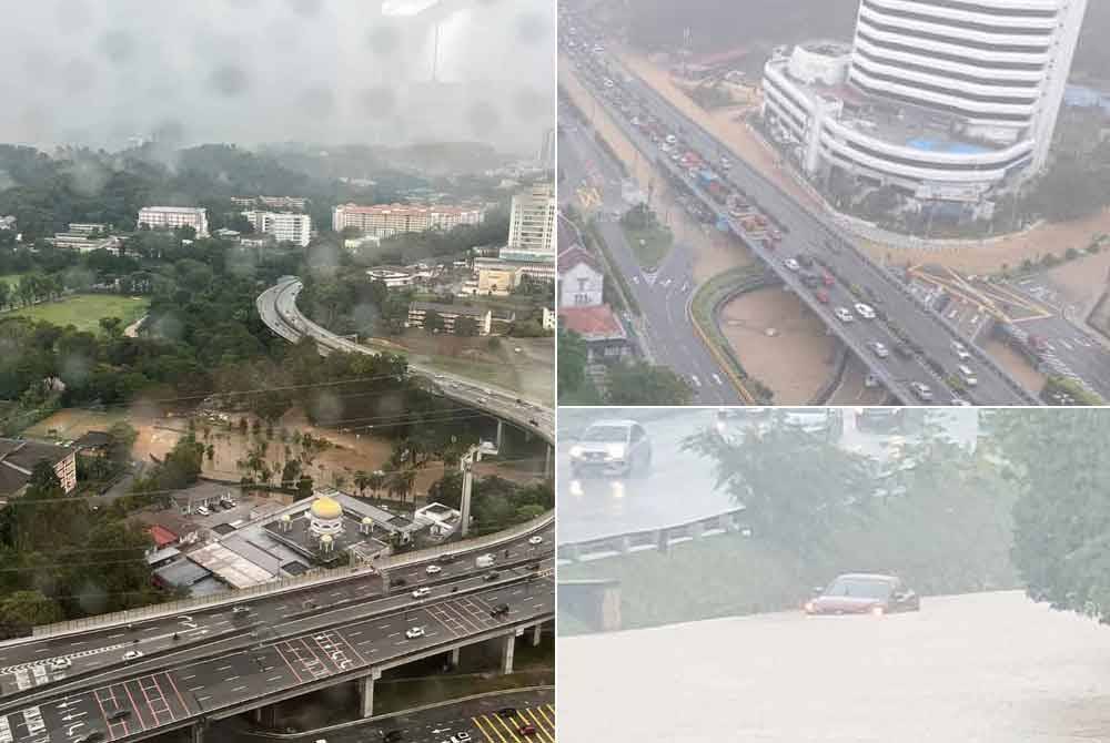 Beberapa jalan utama menuju ke pusat bandar terhalang selepas dilanda banjir kilat pada pagi Selasa. Foto tular media sosial