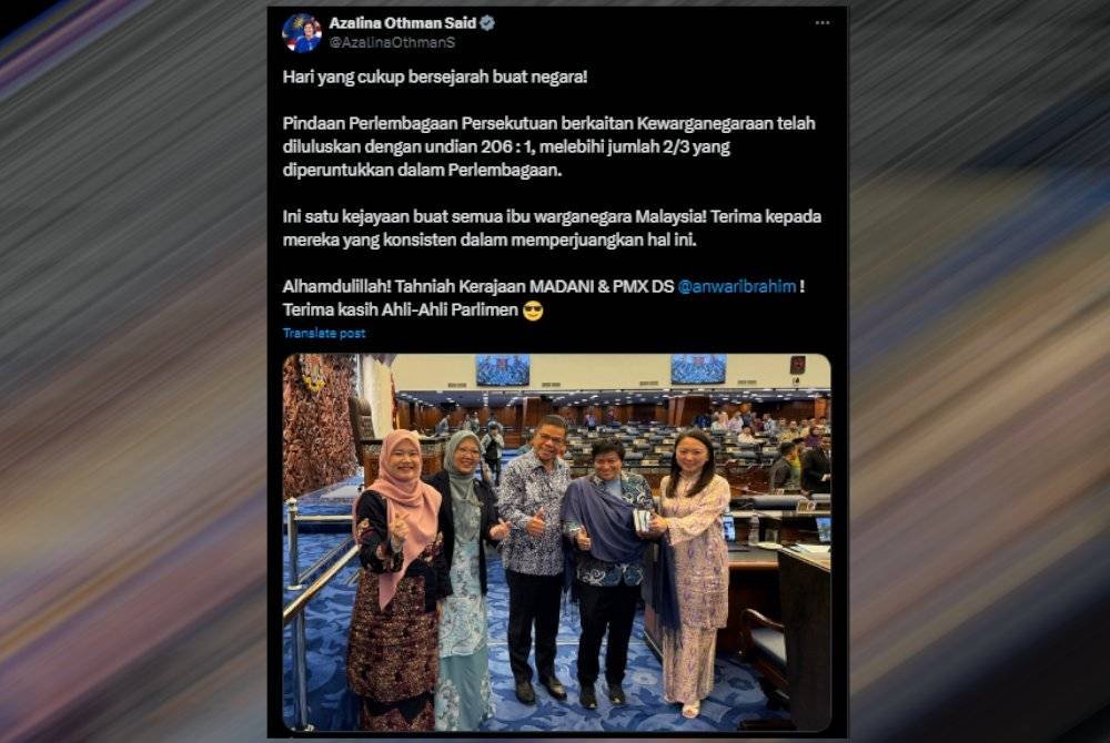 Tangkap layar hantaran Azalina di platform X pada Khamis.