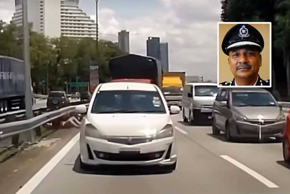 Tangkap layar video tular menunjukkan seorang penunggang motosikal terjatuh dan melanggar besi pembahagi jalan dalam satu kejadian kemalangan di Kilometer 4.8 Lebuhraya Persekutuan pada Khamis. (Gambar kecil: S Vijaya Rao)