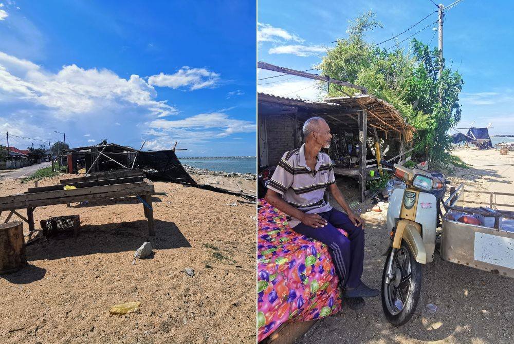 Kelihatan beberapa kediaman yang runtuh akibat dilanda masalah hakisan di Kampung Pengkalan Atap, Kuala Besut. Gambar kanan: Jeffrydin duduk di atas pangkin di hadapan rumahnya ketika ditemui pemberita di Kampung Pengkalan Atap, Kuala Besut pada Khamis.