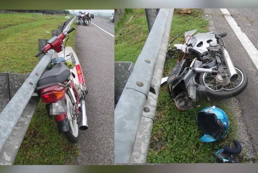 Kemalangan melibatkan dua buah motosikal jenis Honda EX5 yang dipercayai bergesel dan kedua penunggang tercampak di atas jalan.