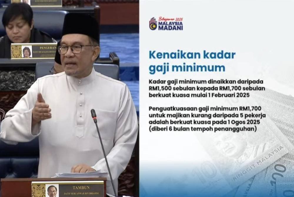 Kadar gaji minimum dinaikkan daripada RM1,500 kepada RM1,700 sebulan yang akan berkuat kuasa mulai 1 Februari 2025.