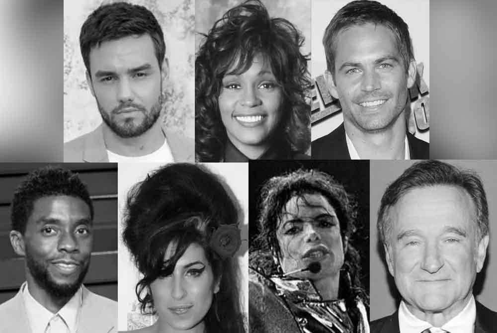 Dari kiri atas; Liam Payne, Whitney Houston dan Paul Walker. Dari kiri bawah; Chadwick Boseman, Amy Winehouse, Michael Jackson dan Robin Williams