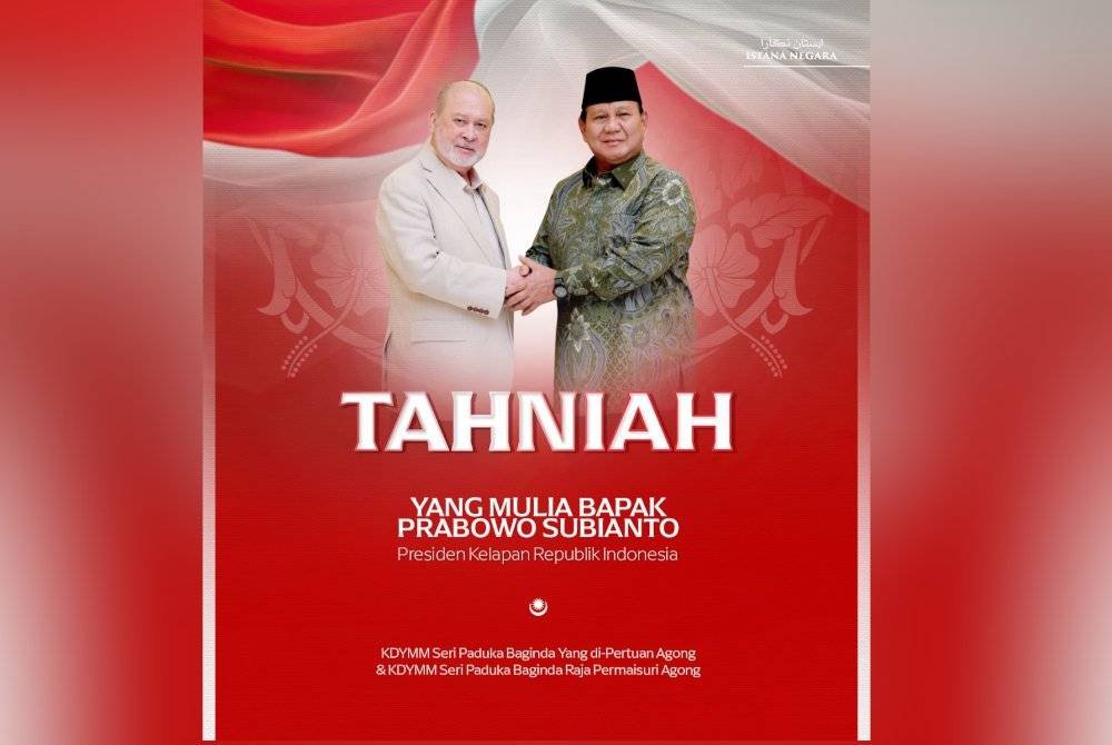 Ucapan itu dizahirkan menerusi poster khas yang turut memaparkan gambar Sultan Ibrahim dan Prabowo berjabat tangan, yang dimuat naik di laman Facebook Sultan Ibrahim Sultan Iskandar. Foto Facebook Sultan Ibrahim Sultan Iskandar