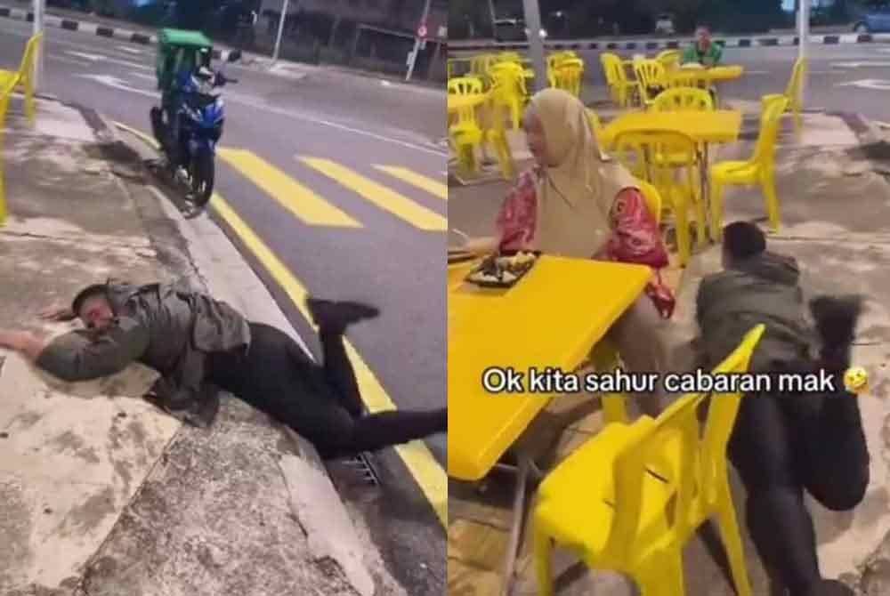 Tangkap layar rakaman video menunjukkan seorang lelaki bergurau dengan ibunya dengan berguling di tepi jalan kerana pujukannya untuk berkahwin tidak dilayan si ibu.