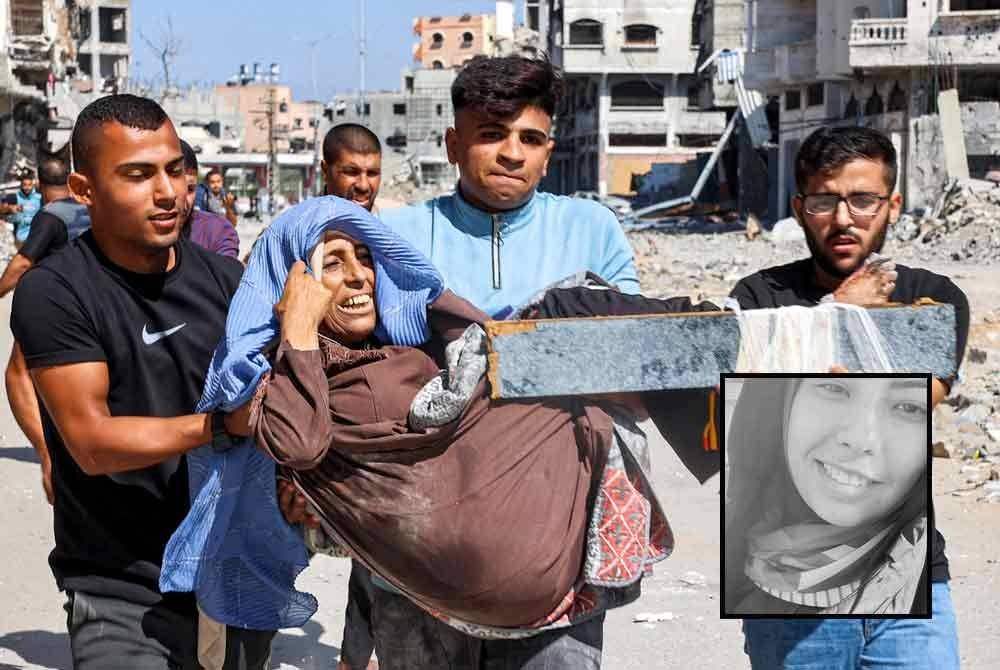 Seorang lelaki membawa wanita yang cedera di kem pelarian Jabalia yang menjadi lokasi Mahasen maut dibom tentera Israel baru-baru ini. - AFP, gambar kecil: Mahasen