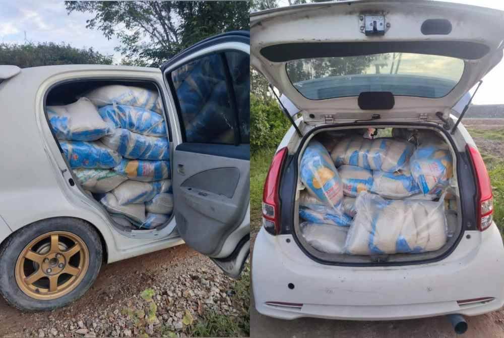 Seorang lelaki menyumbat sebanyak 900kg beras dipercayai diseludup dari Thailand di dalam Perodua Myvi.