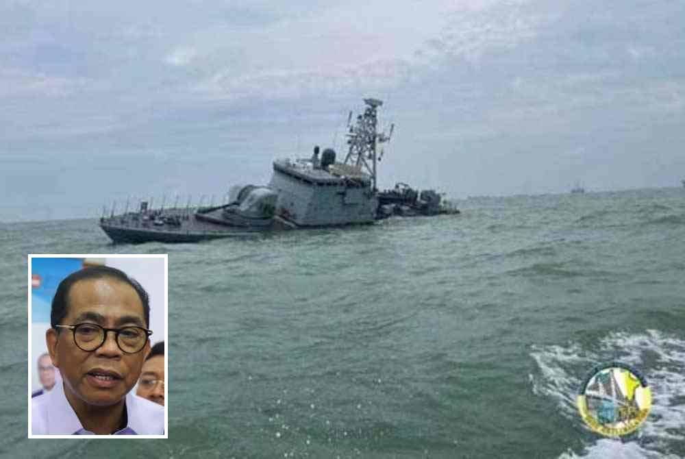 KD Pendekar tenggelam selepas mengalami kebocoran, dua batu nautika Tenggara Tanjung Penyusop, Johor pada Ogos lalu. Gambar kecil: Mohamed Khaled