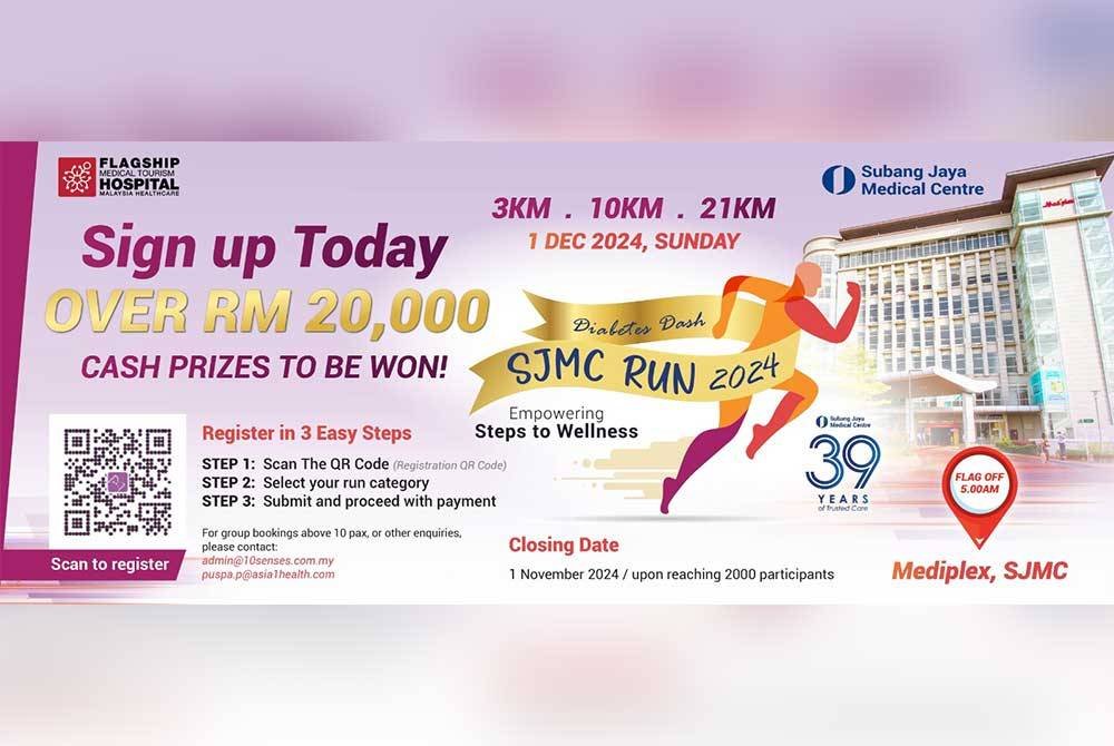 SJMC akan menganjurkan SJMC Run 2024: Diabetes Dash! pada 1 Disember ini sempena meraikan 39 tahun sebagai barisan hadapan industri penjagaan kesihatan swasta di Malaysia.