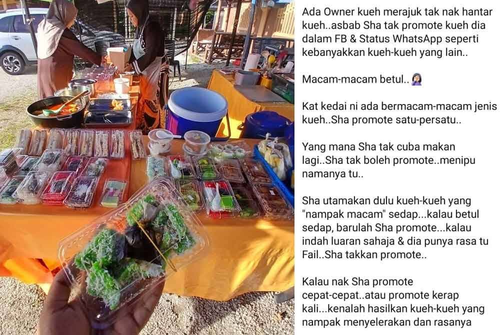 Setiap hari Sha akan mempromosikan kuih yang dihantar di media sosial. Lampiran kanan: Luahan yang dikongsi oleh Sha di satu kumpulan komuniti di Facebook