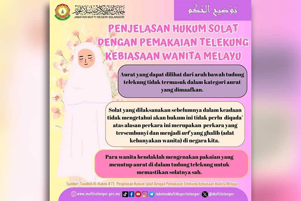 Jabatan Mufti Selangor memuat naik hantaran infografik mengenai hukum solat wanita tidak memakai pakaian menutup aurat di dalam telekung pada 18 Oktober lalu.