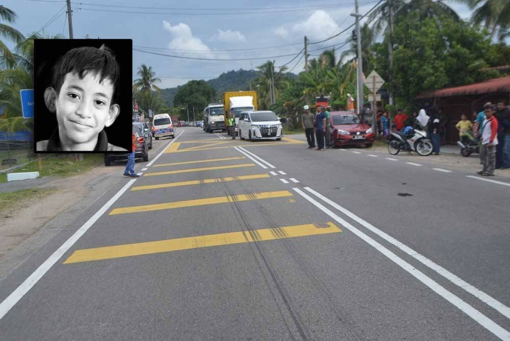 Lokasi kejadian kemalangan di Kilometer 29 Jalan Seremban-Kuala Pilah dekat Taman Pemarak, Tanjong Ipoh di sini minggu lalu. Foto PDRM (Gambar kecil: Ammar Zaquan)